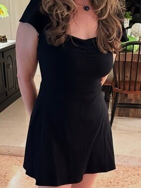 Black Square-Neck Mini Dress with Cap Sleeves